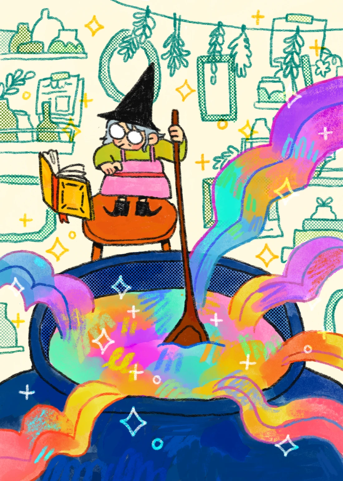 Ilustración original de Mora: una bruja con gafas mezclando magia de colores en un caldero